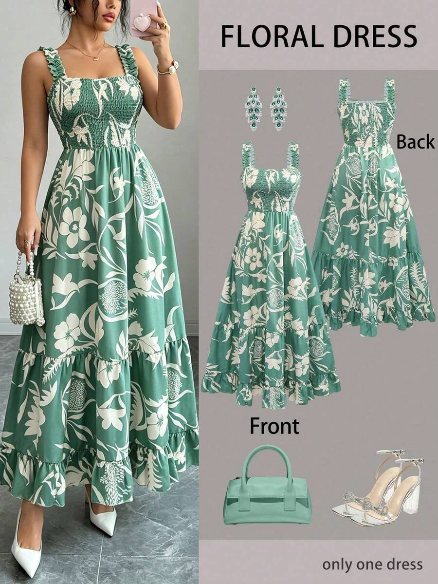 thumbnail image 1 of Womens Green Floral Print Smocked Square Neck Tiered Maxi Dress, 1 of 10
