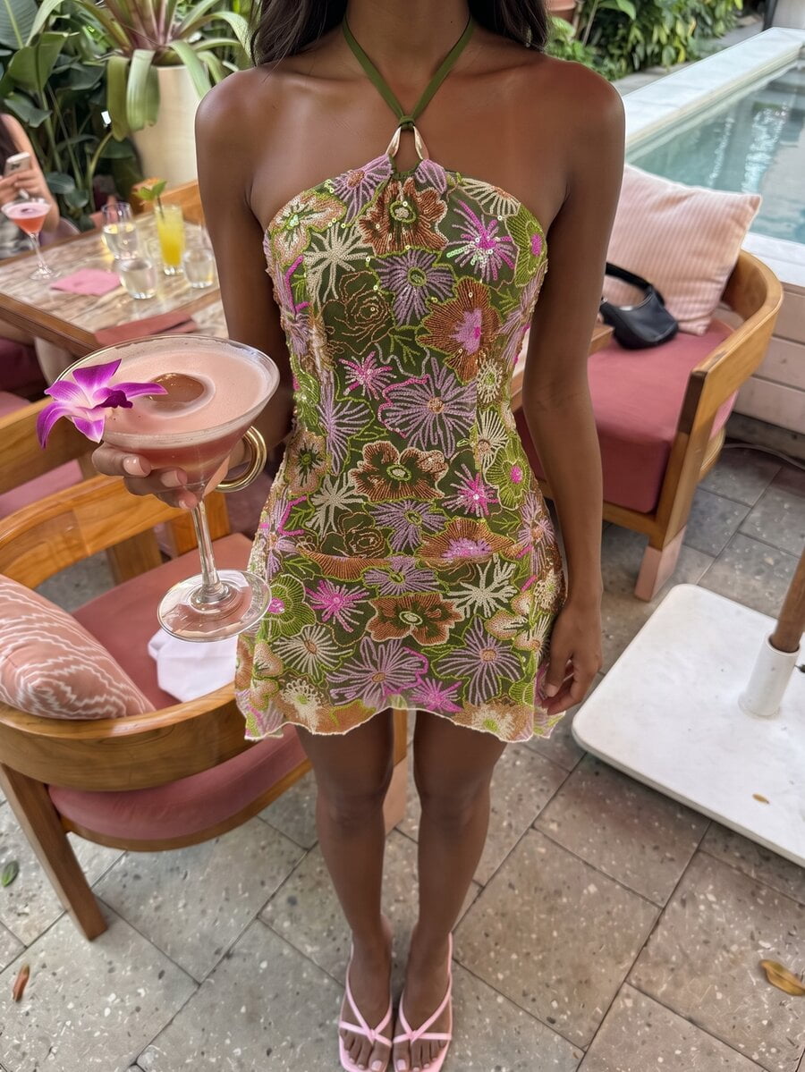 thumbnail image 1 of Womens Green Floral Sequin Mini Dress, Halter Neck Sleeveless Asymmetrical, 1 of 13