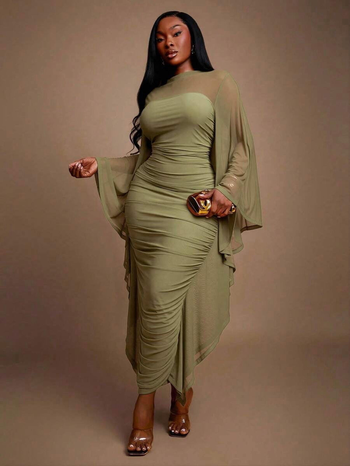 thumbnail image 1 of Womens Green Ruched Long Sleeve Sheath Dress With Kimono Sleeve, 1 of 6