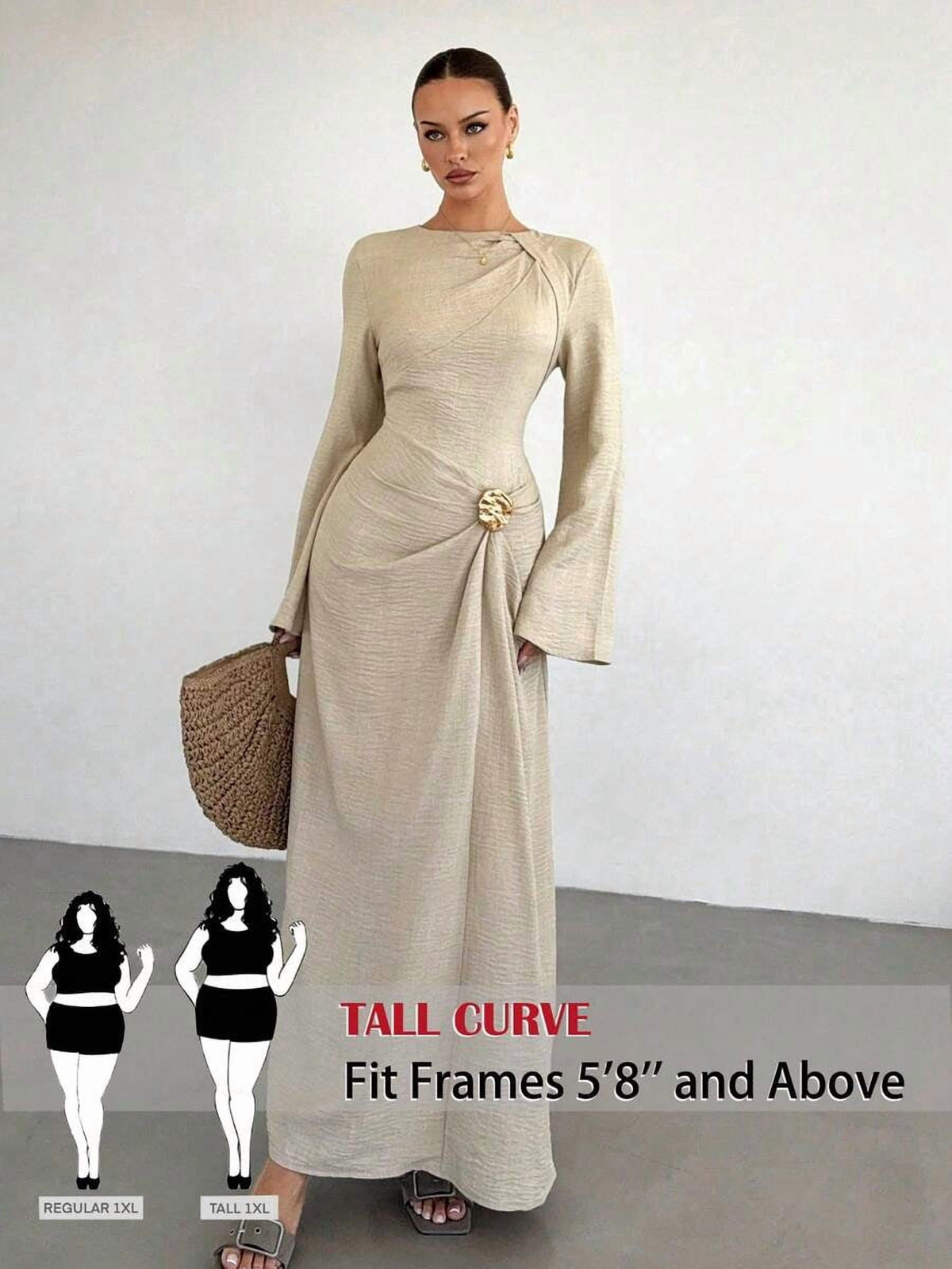 thumbnail image 1 of Womens Long Sleeve Metallic Apricot Elegant Formal Dress, 1 of 7