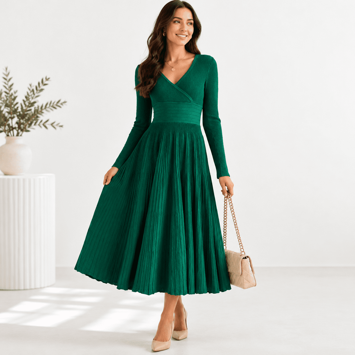 thumbnail image 1 of Womens Long Sleeve Midi Dress Dark Green X-Small V Neck Pleated Maxi, 1 of 5