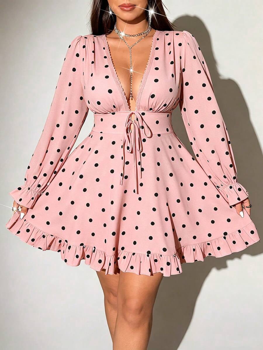 thumbnail image 1 of Womens Pink Polka Dot Print Deep V-Neck Long Sleeve Ruffle Mini Dress, 1 of 7