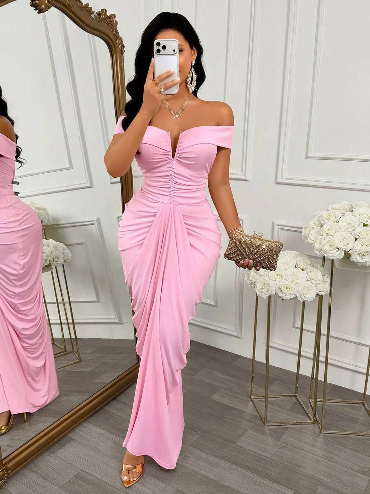 thumbnail image 1 of Womens Sexy Sleeveless Pink Cold Shoulder Long Fitted Dress, Ruched, 1 of 10