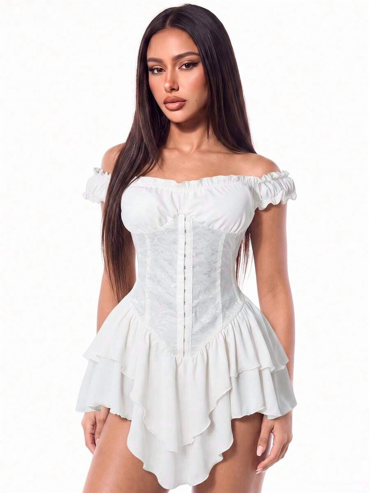 thumbnail image 1 of Womens White Off-Shoulder Corset Mini Dress With Ruffle Hem And Lace Detail, 1 of 9