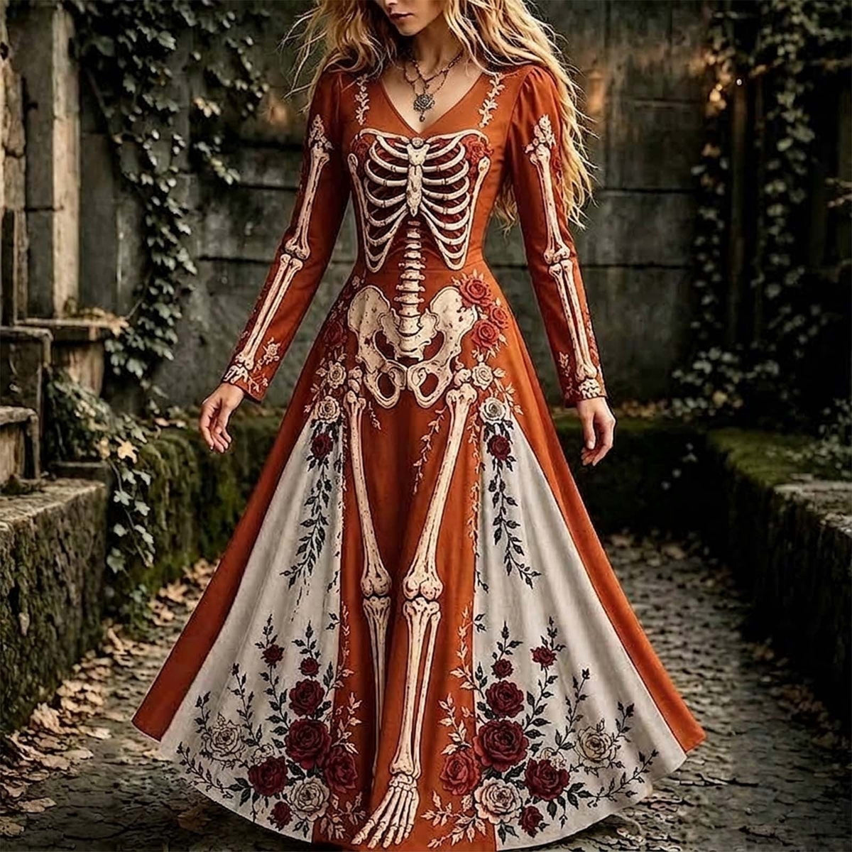thumbnail image 1 of Wovilon Women's Halloween Skeleton Maxi Dress V-Neck Long Sleeve Gothic Rose Floral Bone Print Stretch Costume for Adult Halloween Parties 5 Colors S-XXXXXL, 1 of 4