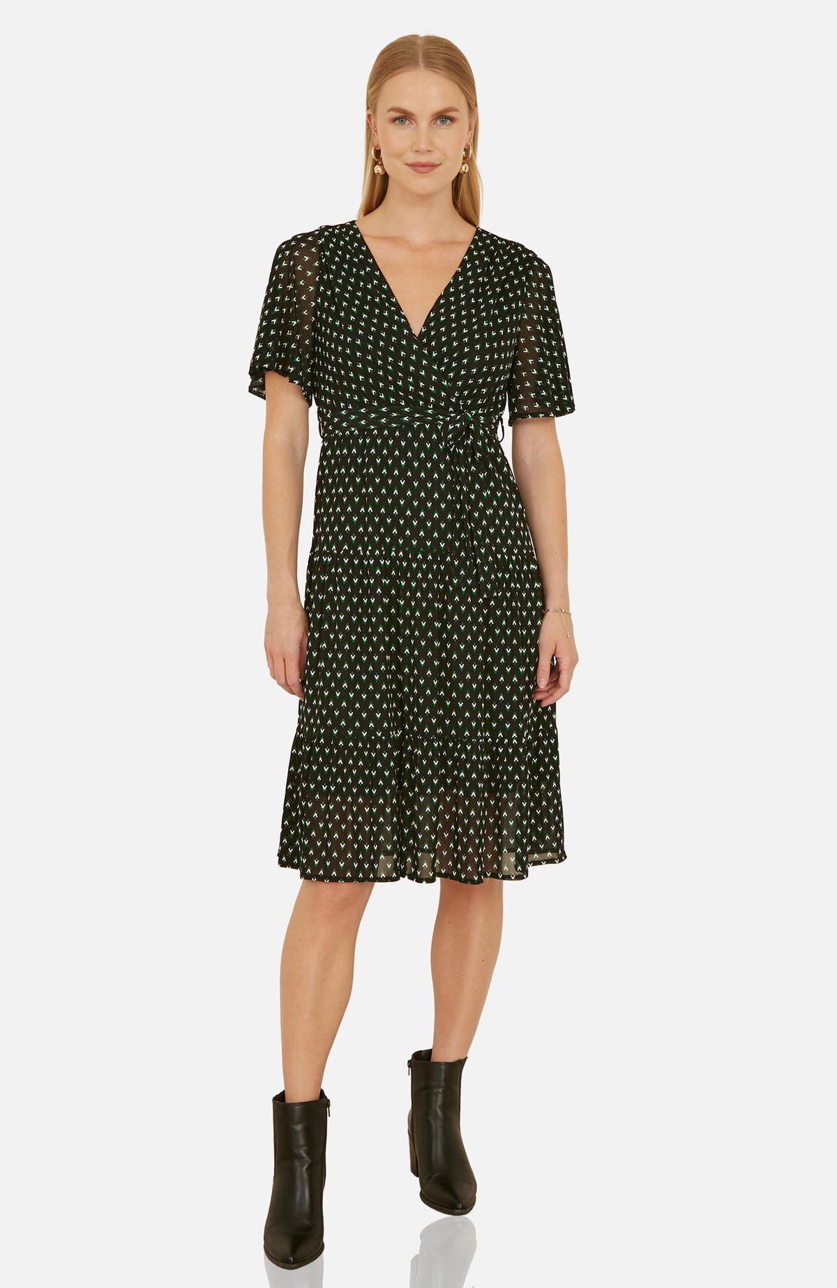 thumbnail image 1 of Yumi Dot Print Mesh Stretch Midi Skater Dress - Black, 4, 1 of 6