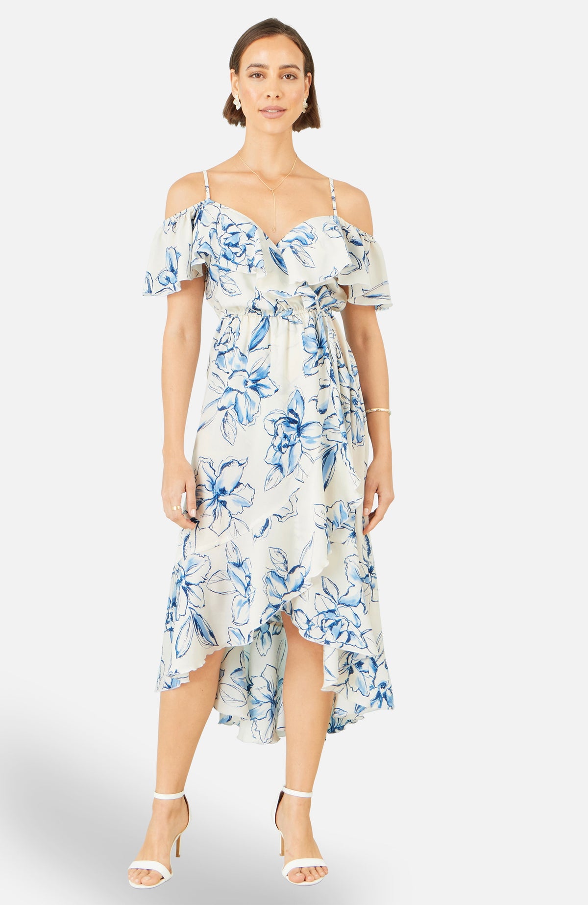 thumbnail image 1 of Yumi Floral Print Bardot Midi Dress - White, 4, 1 of 5
