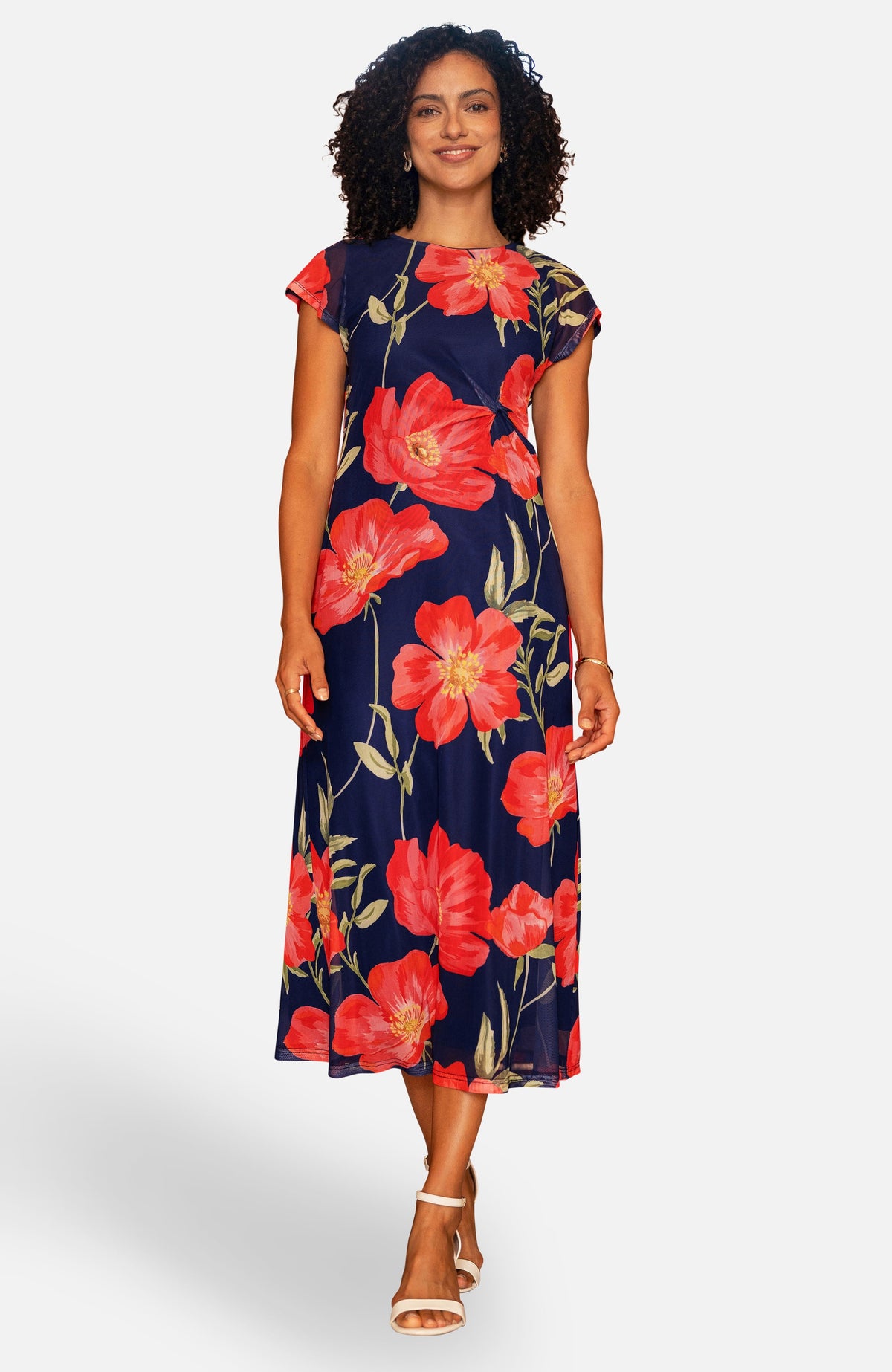 thumbnail image 1 of Yumi Poppy Print Midi Mesh Dress - Navy, 10, 1 of 3