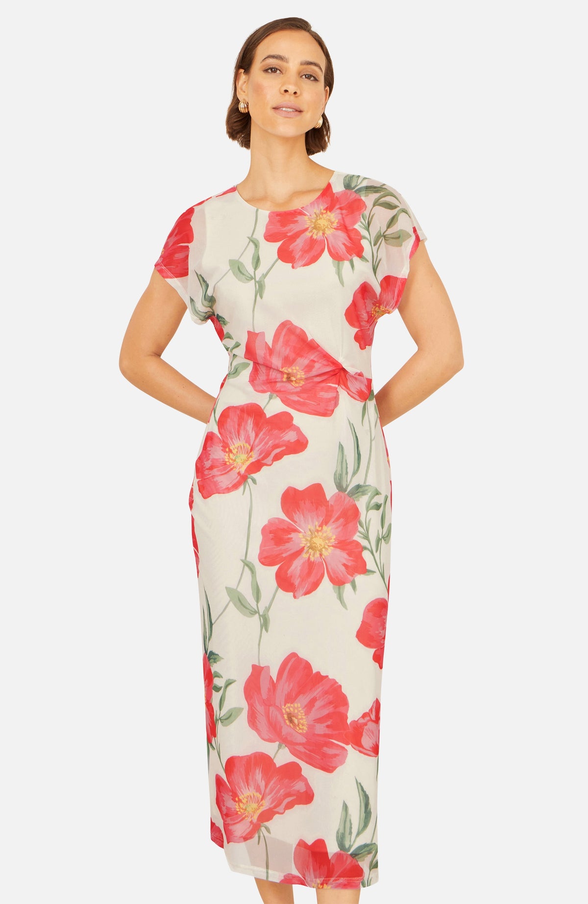 thumbnail image 1 of Yumi Poppy Print Midi Mesh Dress - White, 6, 1 of 5