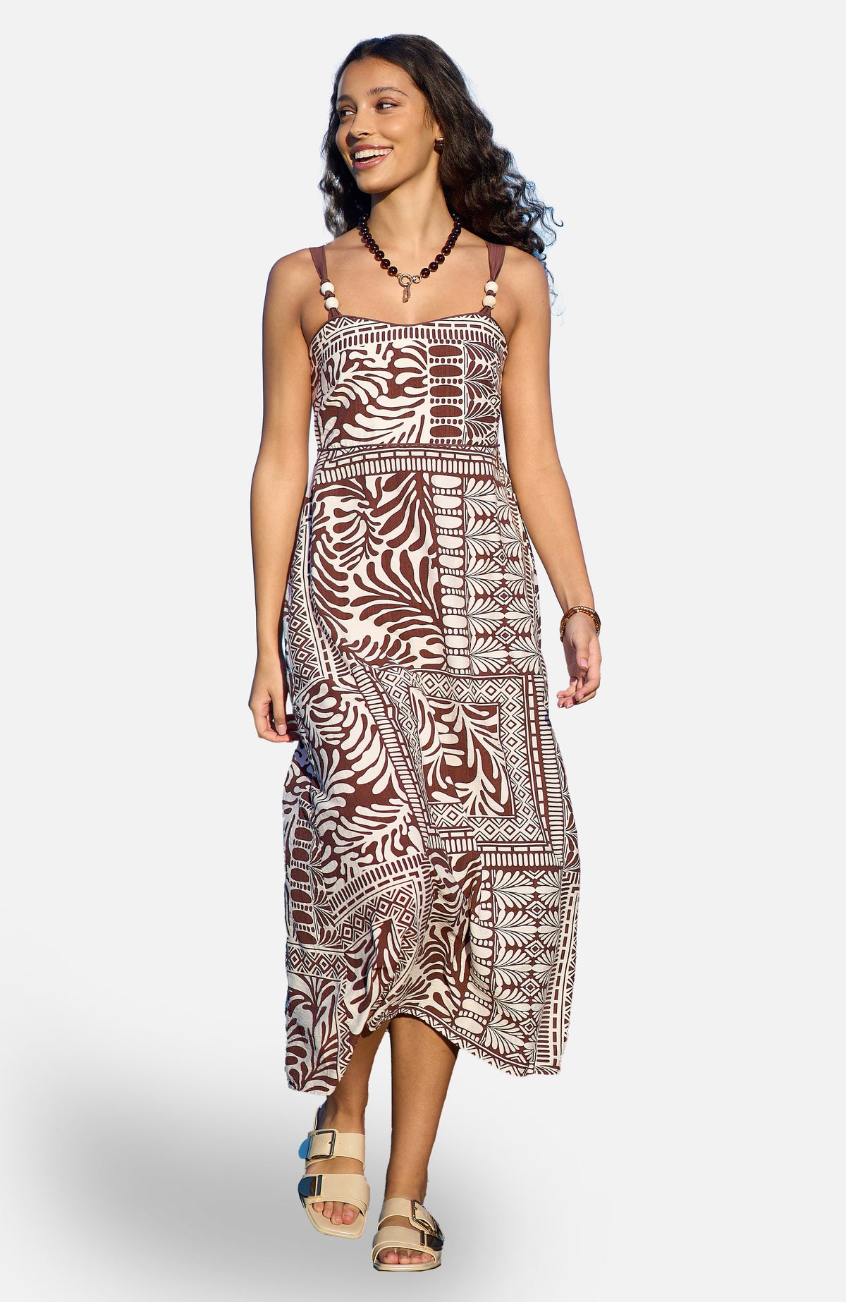 thumbnail image 1 of Yumi Printed Midi Dress - Brown, 4, 1 of 3