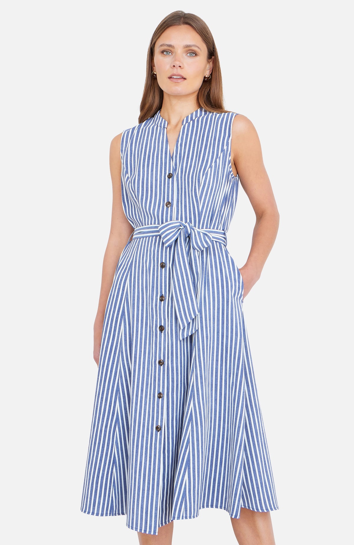 thumbnail image 1 of Yumi Stripe Midi Sleeveless Shirt Dress - Navy, 4, 1 of 4