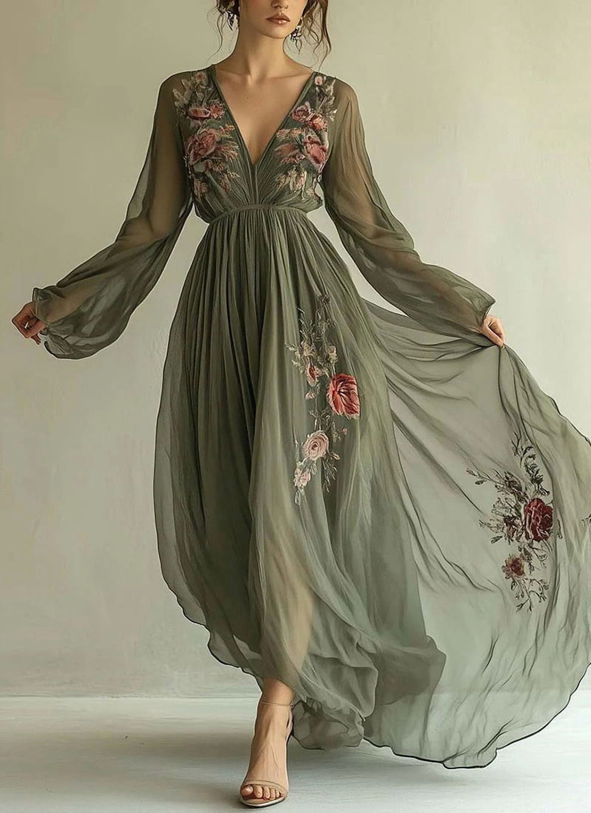 thumbnail image 1 of ZOELNIC Women's V-Neck Boho Maxi Dress Floral Sheer Long Sleeve Flowy Pleated Waist Elegant Dress, XL, 1 of 6