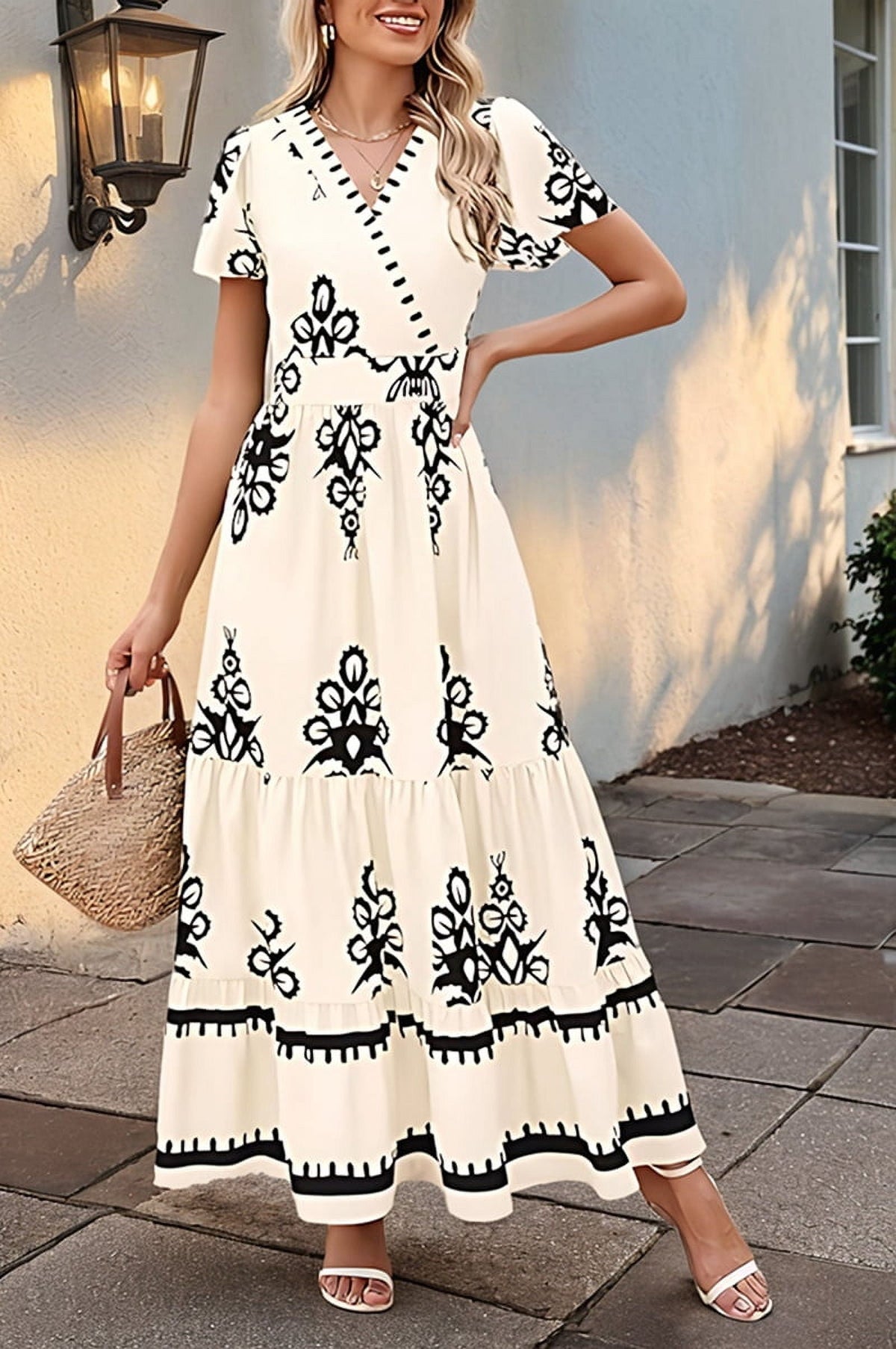 thumbnail image 4 of Womens 2025 Summer Casual V Neck Boho Maxi Dress Flowy Aline Bell Sleeve Tiered Floral Dresses with Pocket L, 4 of 7