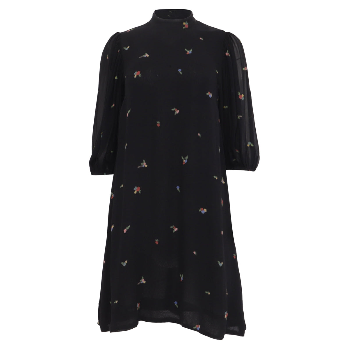 thumbnail image 1 of Pre-Owned Ganni Gathered Floral-Print Georgette Mini Dress in Black Viscose, 1 of 6