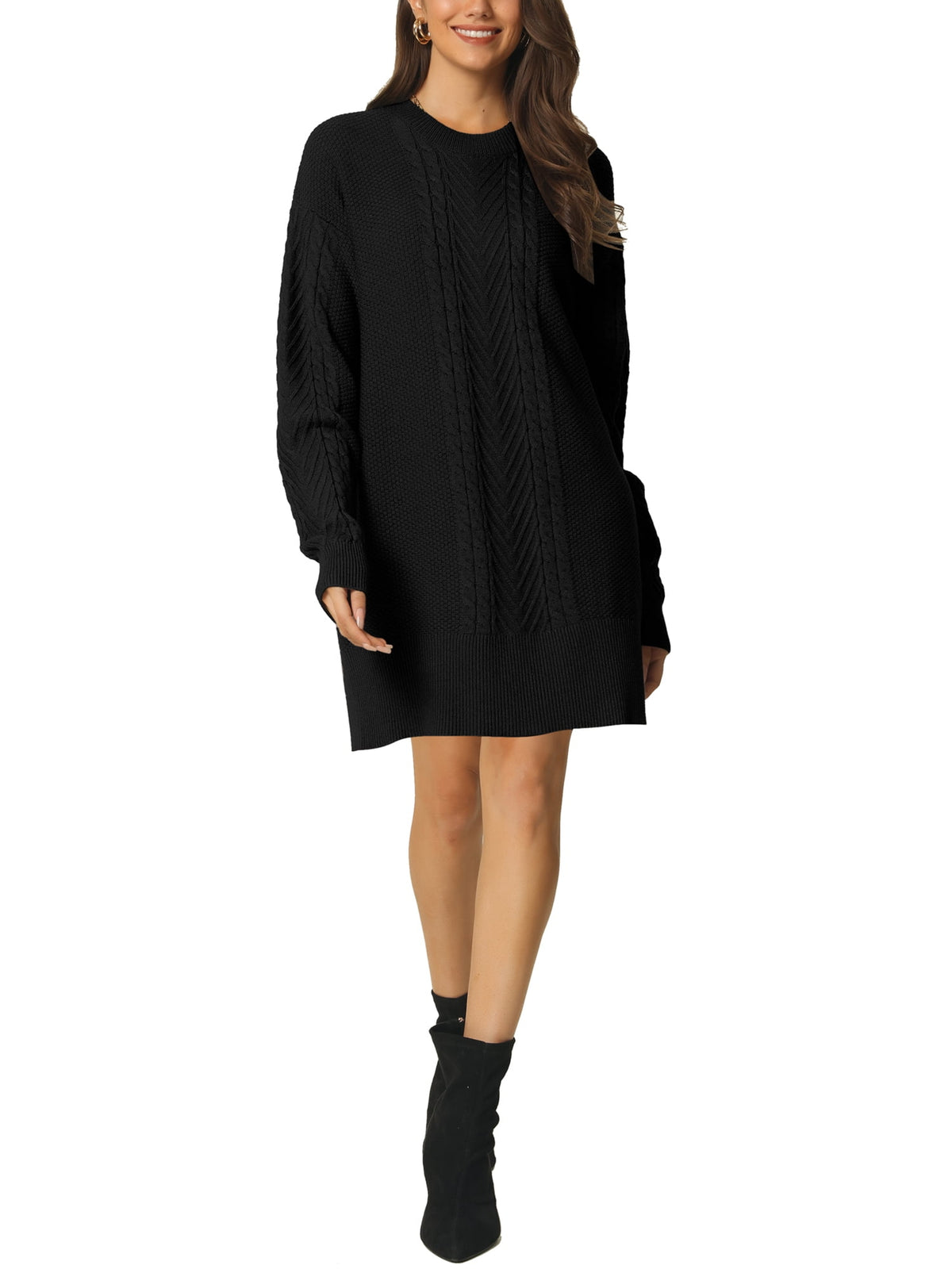 thumbnail image 2 of Unique Bargains Womens' Textured Long Sleeve Above Knee Casual Sweater Dress L Black, 2 of 6