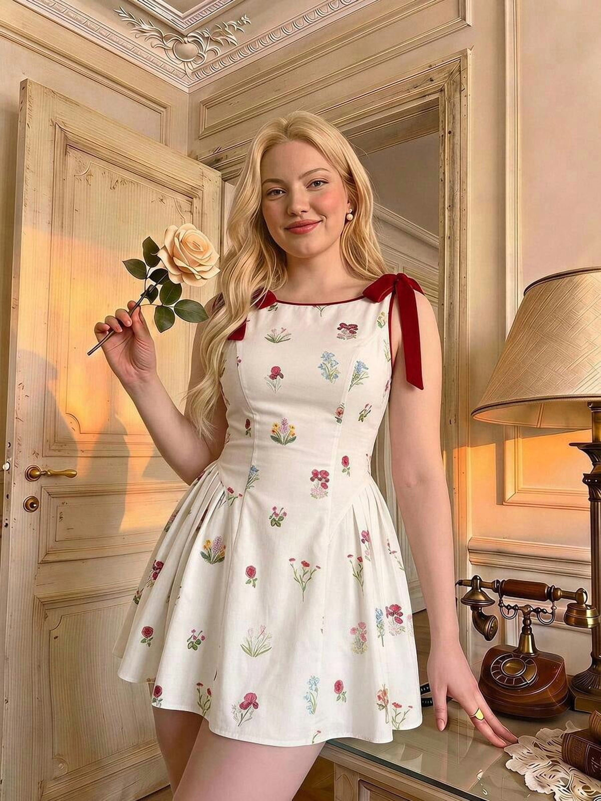 thumbnail image 6 of Womens Multicolor Floral Print Mini Dress With Red Bow Shoulders, 6 of 7