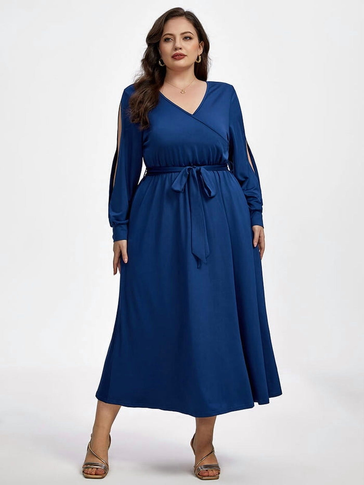 thumbnail image 6 of CurveSoul Plus Size Crisscross V-Neck Hollow Out Lantern Sleeve Pocket Tie Front Maxi Dress, 6 of 6
