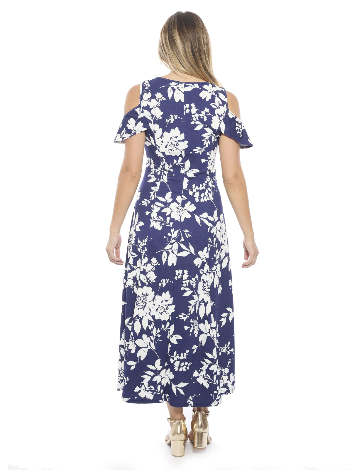 thumbnail image 3 of 24seven Comfort Apparel Womens Floral Ruffle Sleeve Cold Shoulder A Line Maxi Dress, 3 of 4