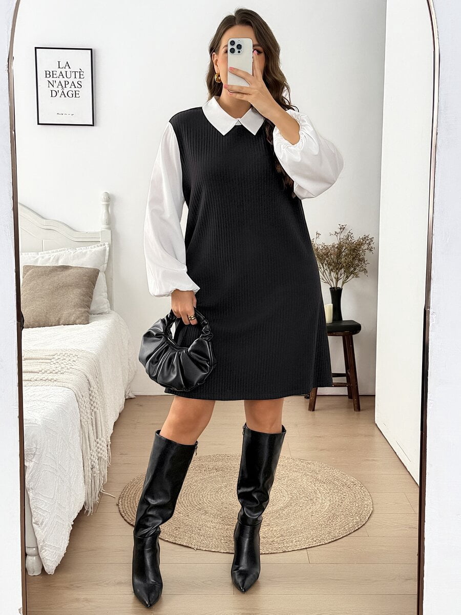 thumbnail image 5 of Black And White Color-Blocked Collar Long Sleeve Dress, 5 of 6