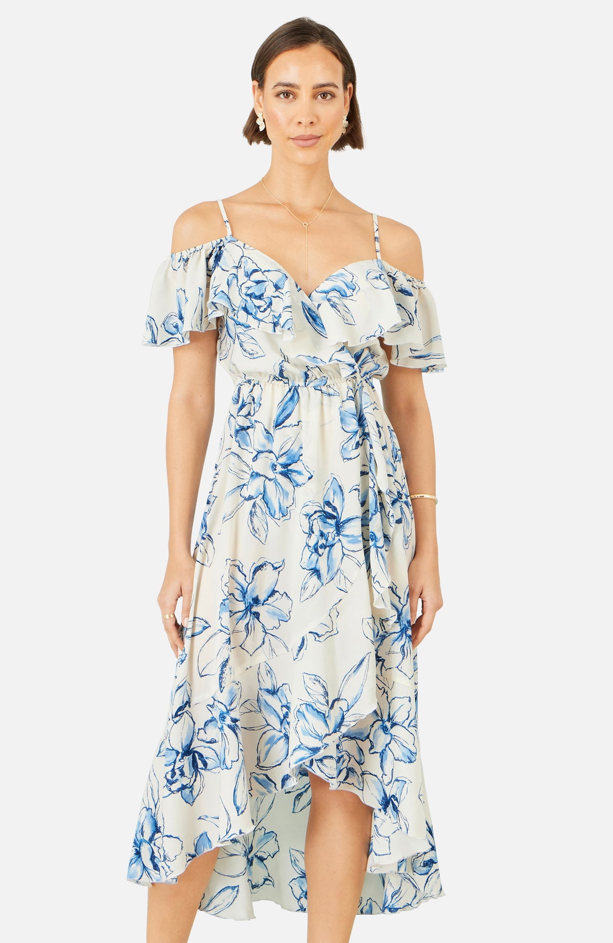 thumbnail image 3 of Yumi Floral Print Bardot Midi Dress - White, 4, 3 of 5