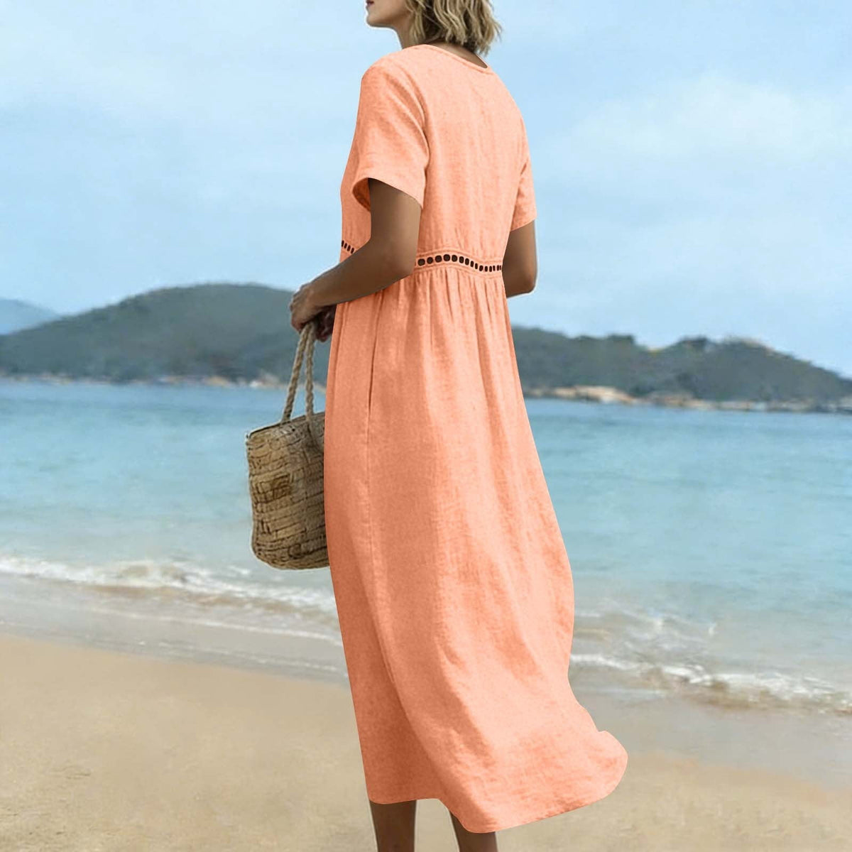 thumbnail image 4 of Women's Elegant V-Neck Short Sleeve Lace Dress Solid Color Casual A-Line Summer Dress for Everyday Wear, 4 of 6