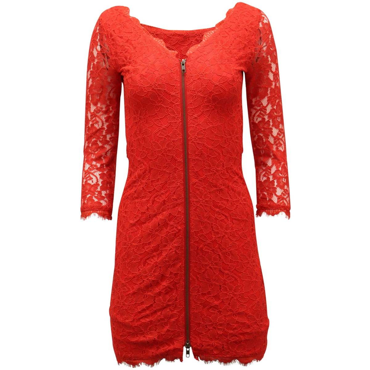 thumbnail image 1 of Pre-Owned Diane Von Furstenberg Front-Zipped Mini Dress in Red Polyester and Lace, 1 of 4