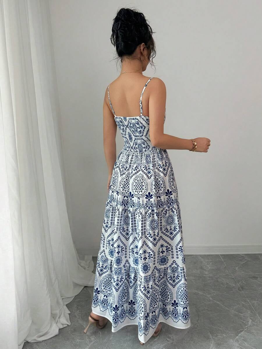 thumbnail image 2 of Womens Blue and White Boho V-Neck Tiered Maxi Dress With Lace & Tassel, 2 of 19