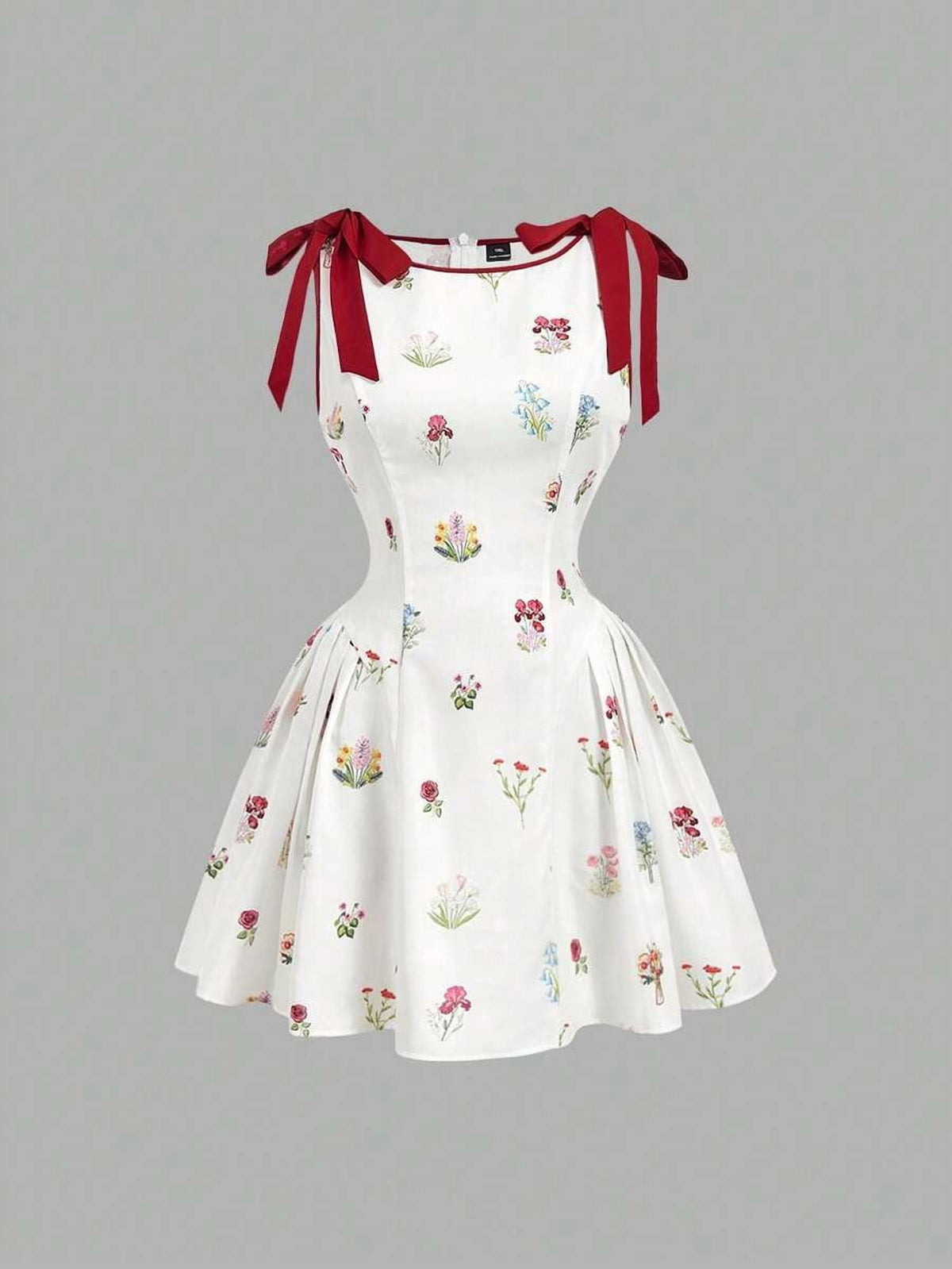 thumbnail image 2 of Womens Multicolor Floral Print Mini Dress With Red Bow Shoulders, 2 of 7