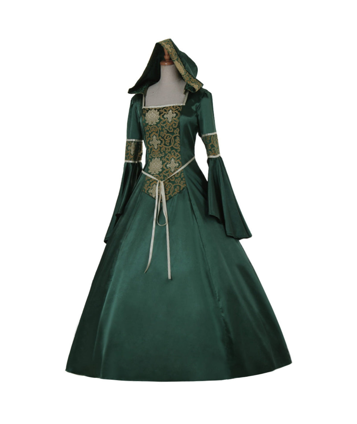 thumbnail image 2 of Medieval Gothic Hooded Dress Vintage Lace Up Square Neck Bell Sleeves Flared Skirt, 2 of 6