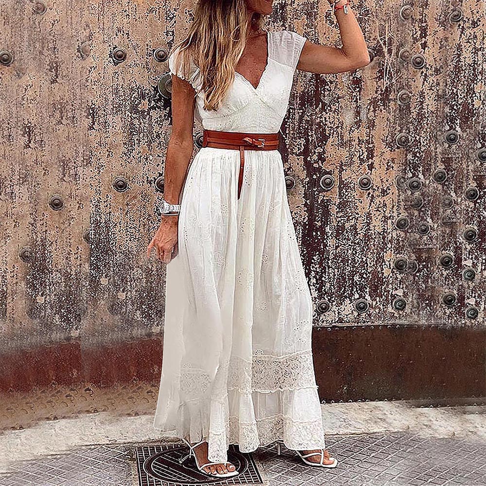 thumbnail image 5 of Abcnature Womens Maxi Dress, Women Bohemian V-Neck Loose Short Sleeve Solid Ankle-Length Dress, +Belt, Plus Size Summer Casual Long Dresses, Beach Party Dress White S, 5 of 5