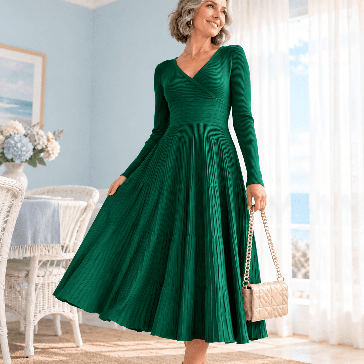 thumbnail image 2 of Womens Long Sleeve Midi Dress Dark Green X-Small V Neck Pleated Maxi, 2 of 5