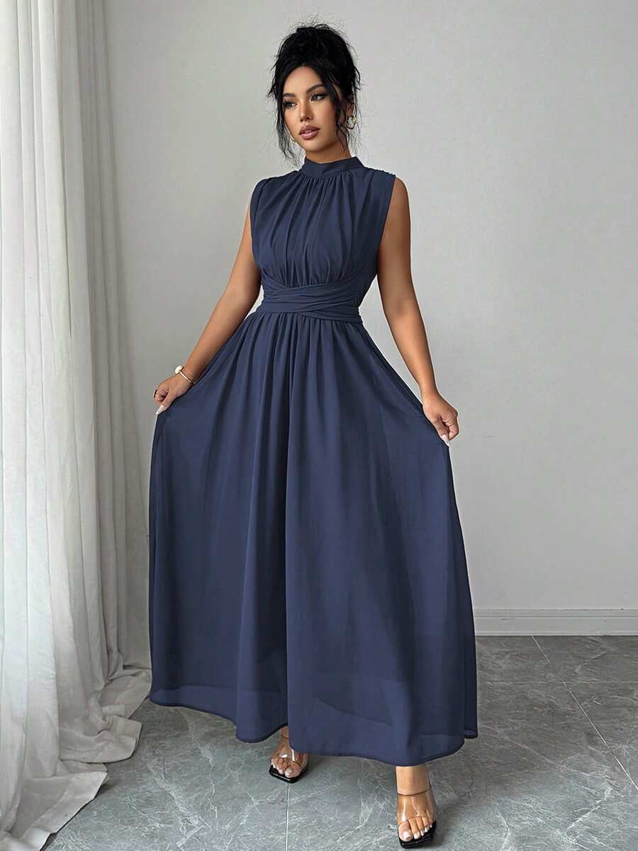 thumbnail image 6 of Womens Blue Sleeveless High Neck Chiffon Maxi Dress With Waist Bow Detail, 6 of 8