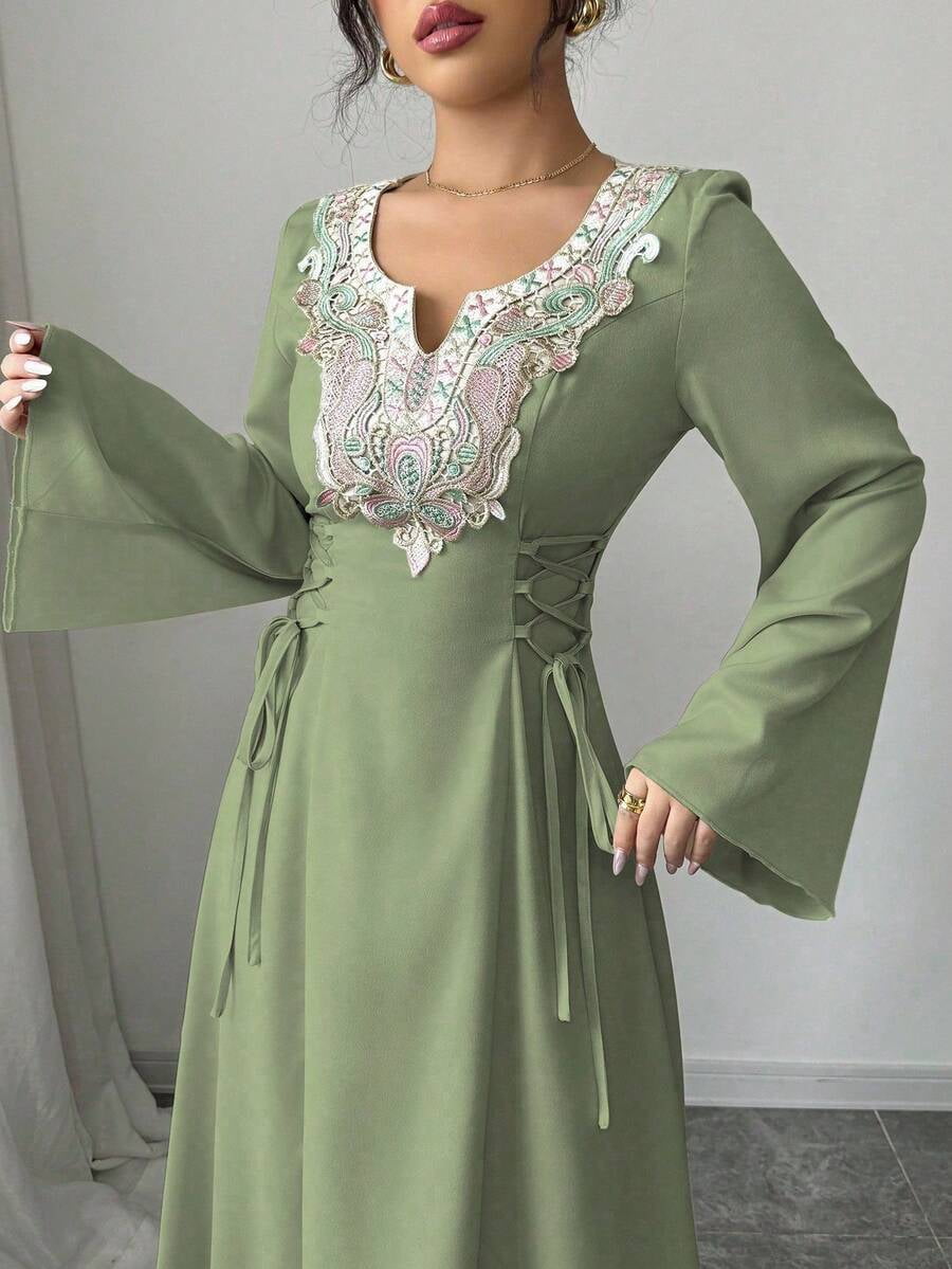 thumbnail image 6 of Womens Elegant Olive Green Maxi Dress with Floral Embroidered V-Neck, Long, 6 of 7