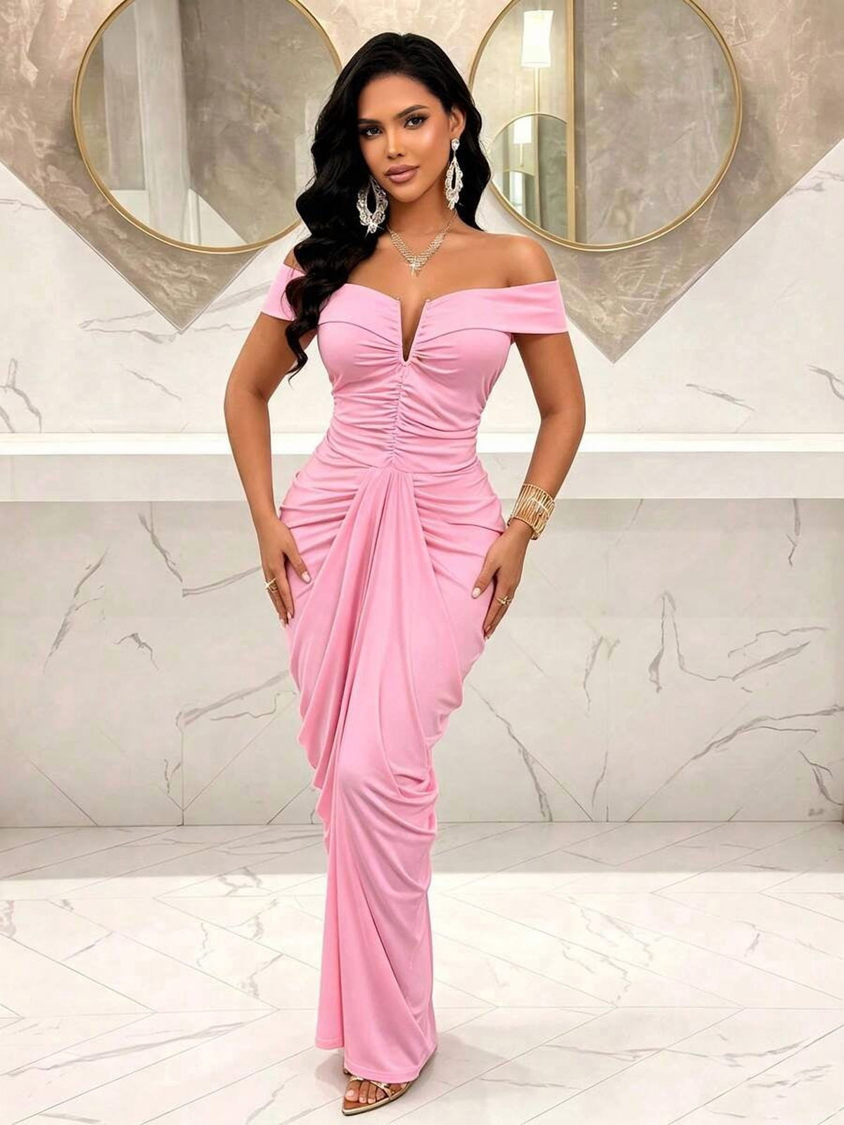 thumbnail image 2 of Womens Sexy Sleeveless Pink Cold Shoulder Long Fitted Dress, Ruched, 2 of 10