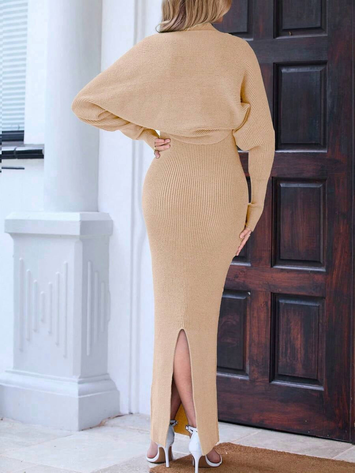 thumbnail image 2 of Beige Ribbed Knit Cold Shoulder Maxi Dress with High Neck and Split Hem, 2 of 5