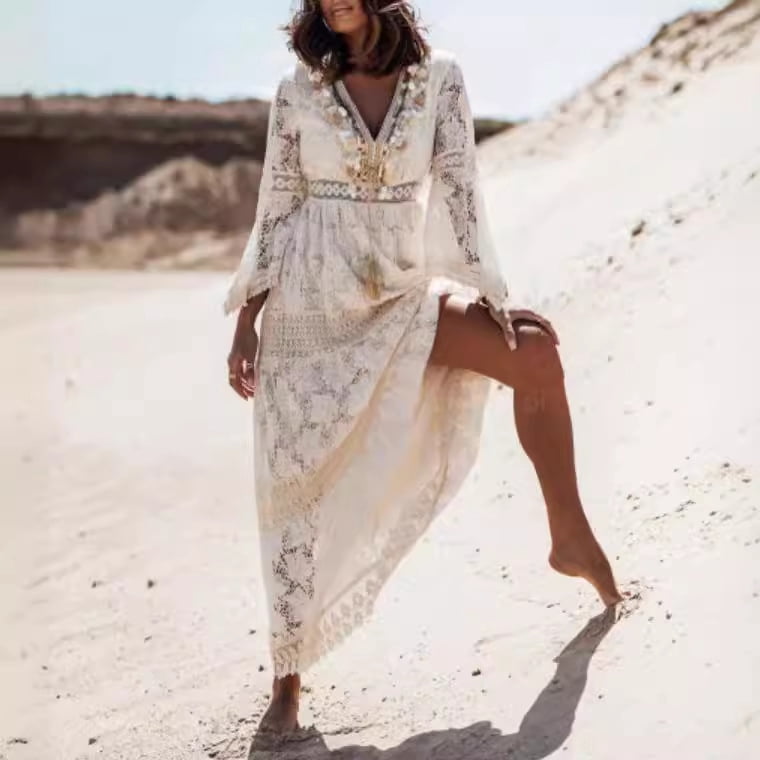 thumbnail image 4 of Bohemian-style Lace Deep V-Neck Flare Sleeve Vacation Long Dress, 4 of 6