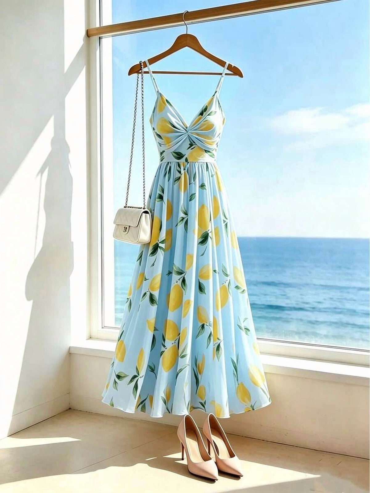 thumbnail image 6 of Womens Baby Blue Lemon Print Spaghetti Strap Ruched Bodice Maxi Dress, 6 of 6
