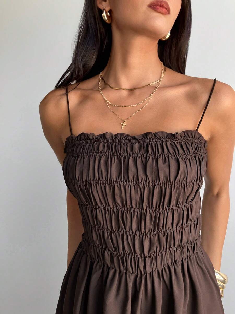 thumbnail image 5 of Coffee Womens Ruched Smocked Waist Maxi Dress With Spaghetti Straps, 5 of 8