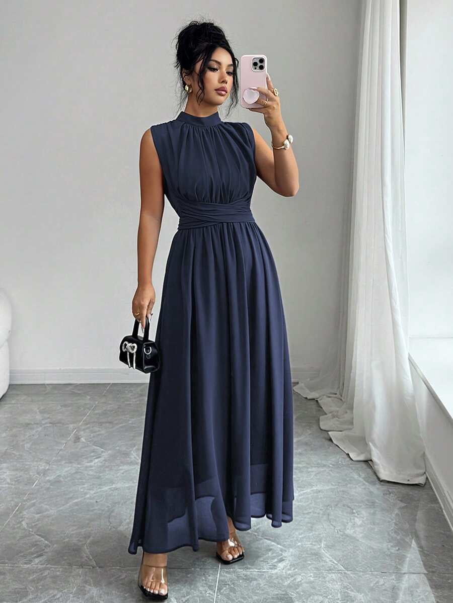 thumbnail image 5 of Womens Blue Sleeveless High Neck Chiffon Maxi Dress With Waist Bow Detail, 5 of 8