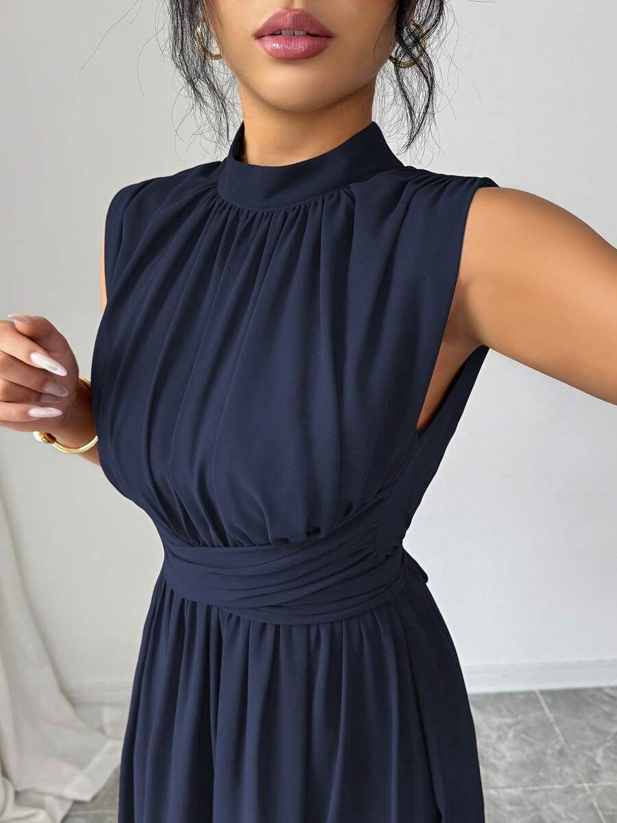thumbnail image 3 of Womens Blue Sleeveless High Neck Chiffon Maxi Dress With Waist Bow Detail, 3 of 8