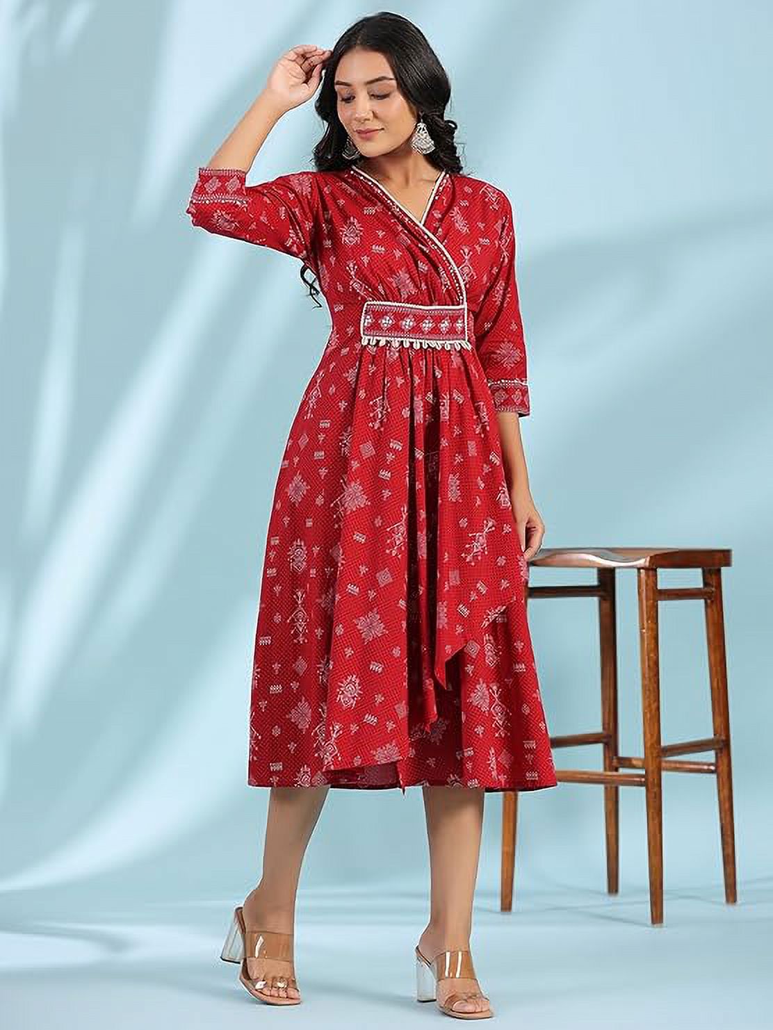 thumbnail image 2 of Juniper Red Geometric Printed Pure Cotton Midi Dress, 2 of 3