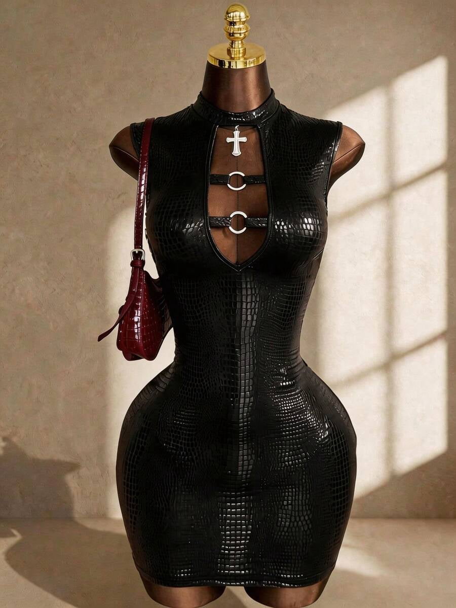 thumbnail image 3 of Womens Black Sleeveless Bodycon Mini Dress, Snake Print High Waist Cut Out, 3 of 8