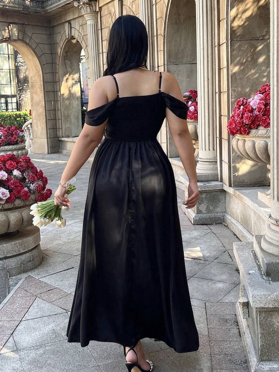 thumbnail image 2 of Black Satin And Lace Patchwork Maxi Dress With Spaghetti Straps, 2 of 8