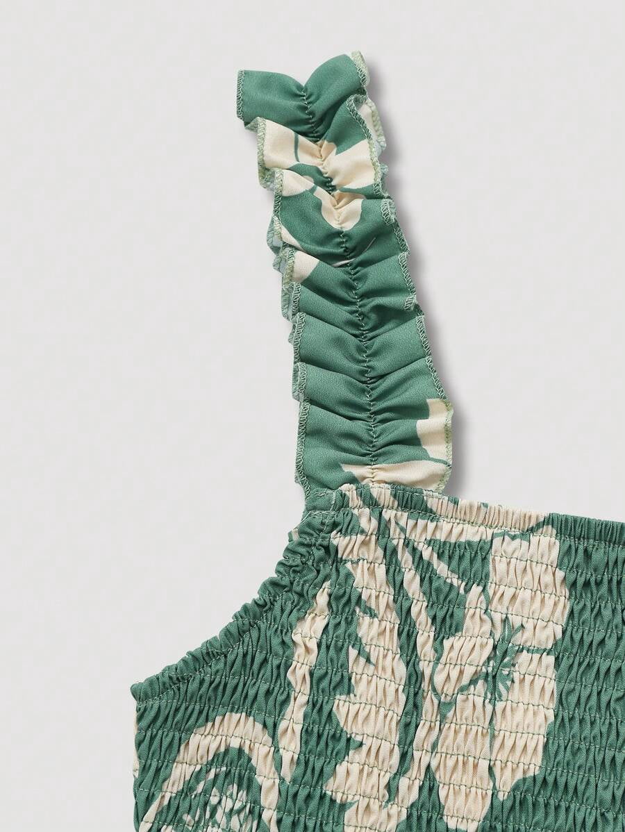 thumbnail image 6 of Womens Green Floral Print Smocked Square Neck Tiered Maxi Dress, 6 of 10