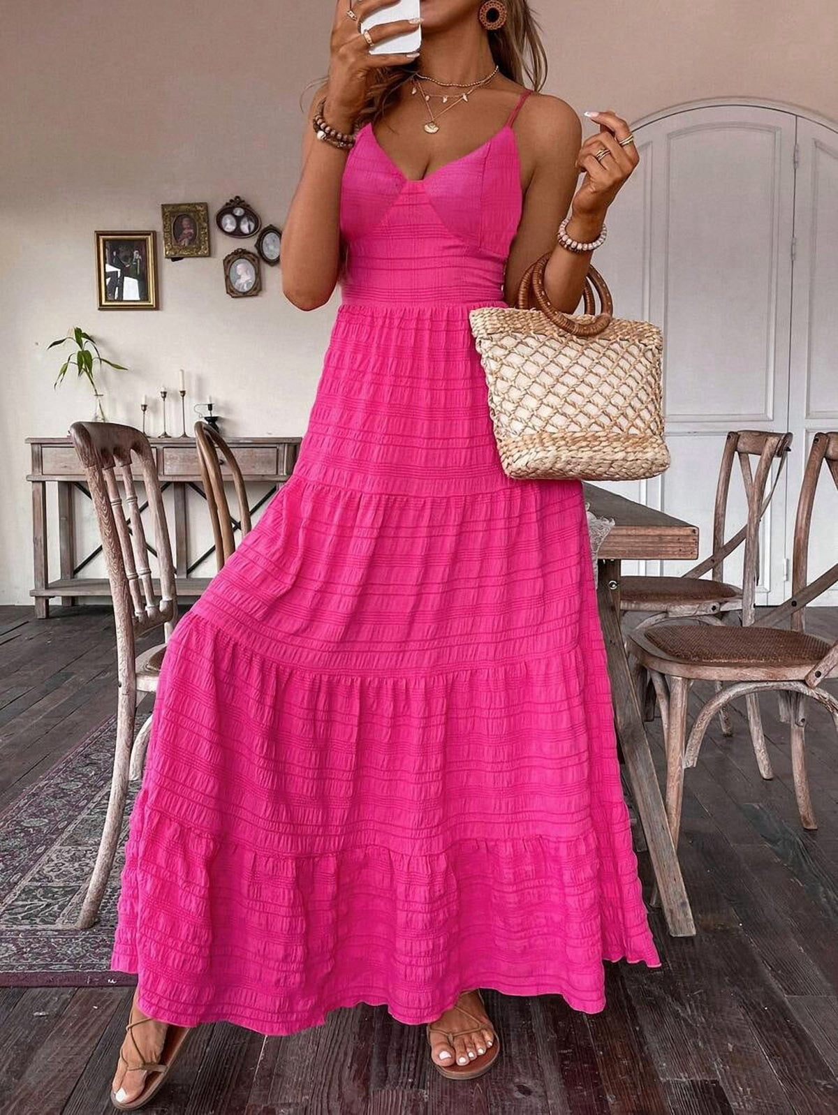 thumbnail image 3 of Hot Pink V-Neck Maxi Dress With Back Bow Tie And Tiered Skirt For Women, 3 of 30