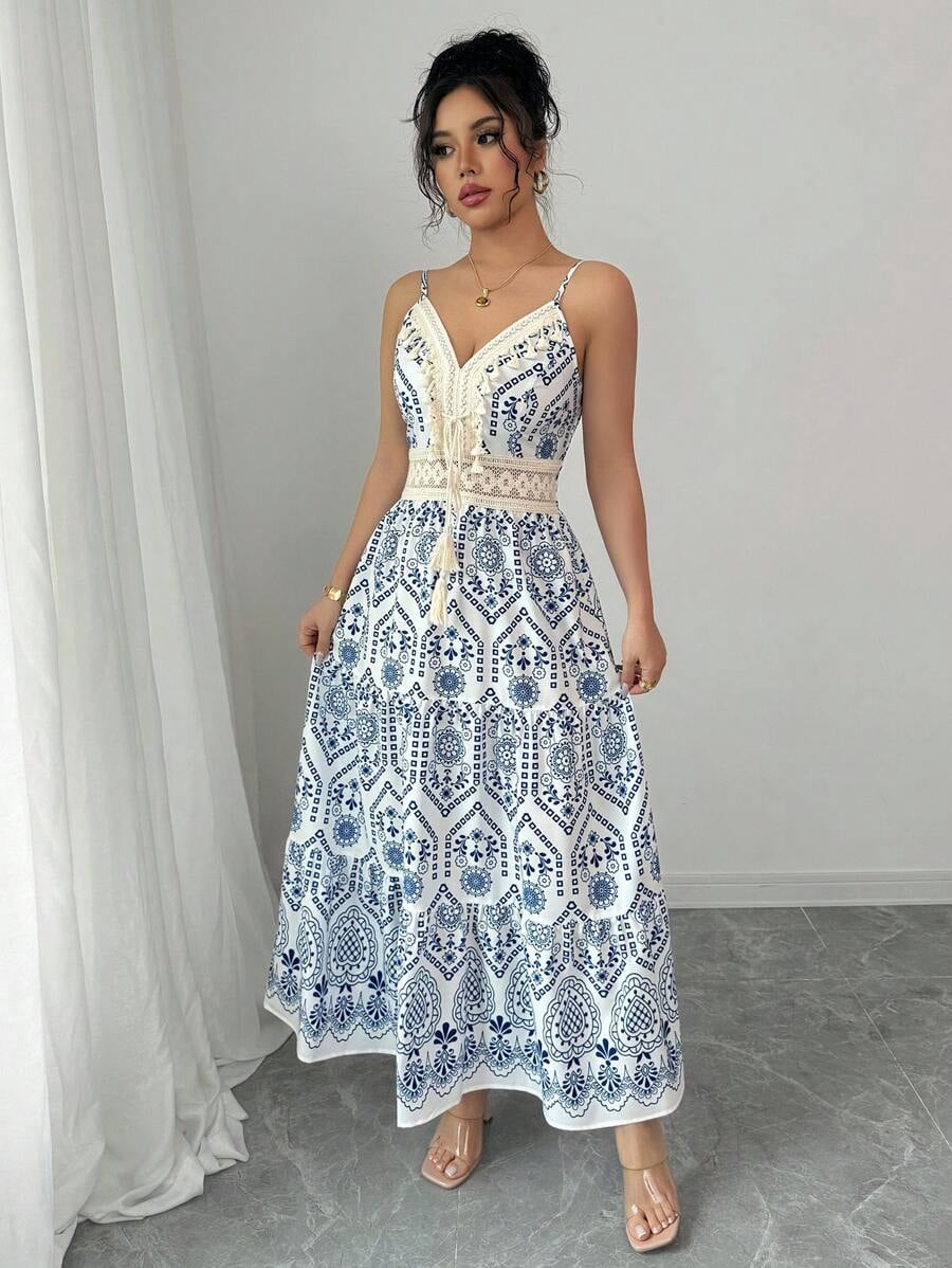thumbnail image 4 of Womens Blue and White Boho V-Neck Tiered Maxi Dress With Lace & Tassel, 4 of 19
