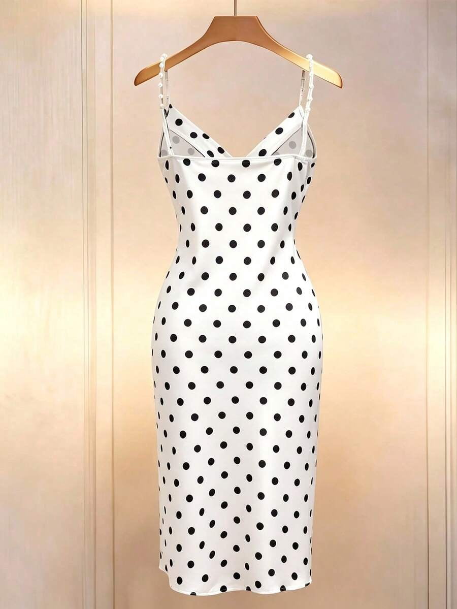 thumbnail image 2 of Womens Black and White Polka Dot Satin Slip Dress, Beaded Spaghetti Strap, 2 of 5