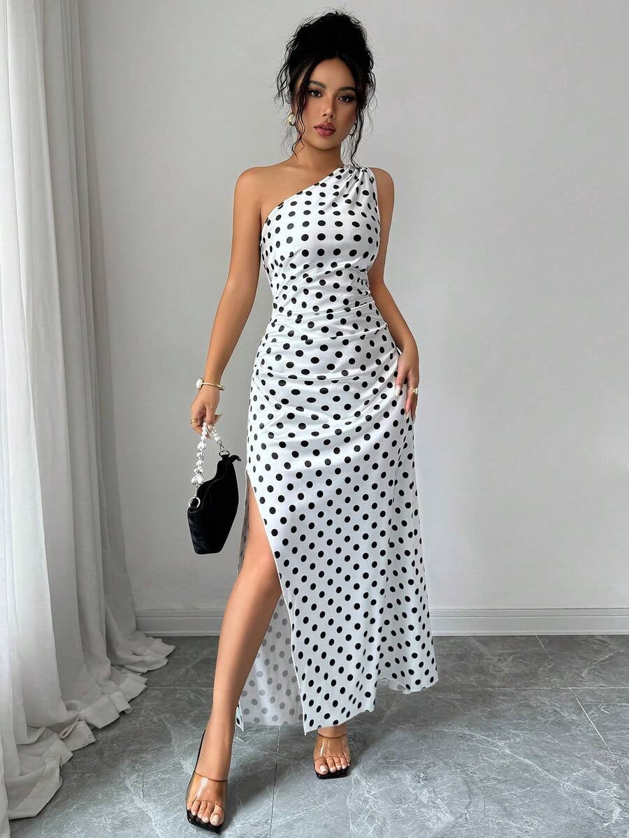 thumbnail image 6 of White Polka Dot Satin One Shoulder Ruched Maxi Evening Dress, 6 of 6
