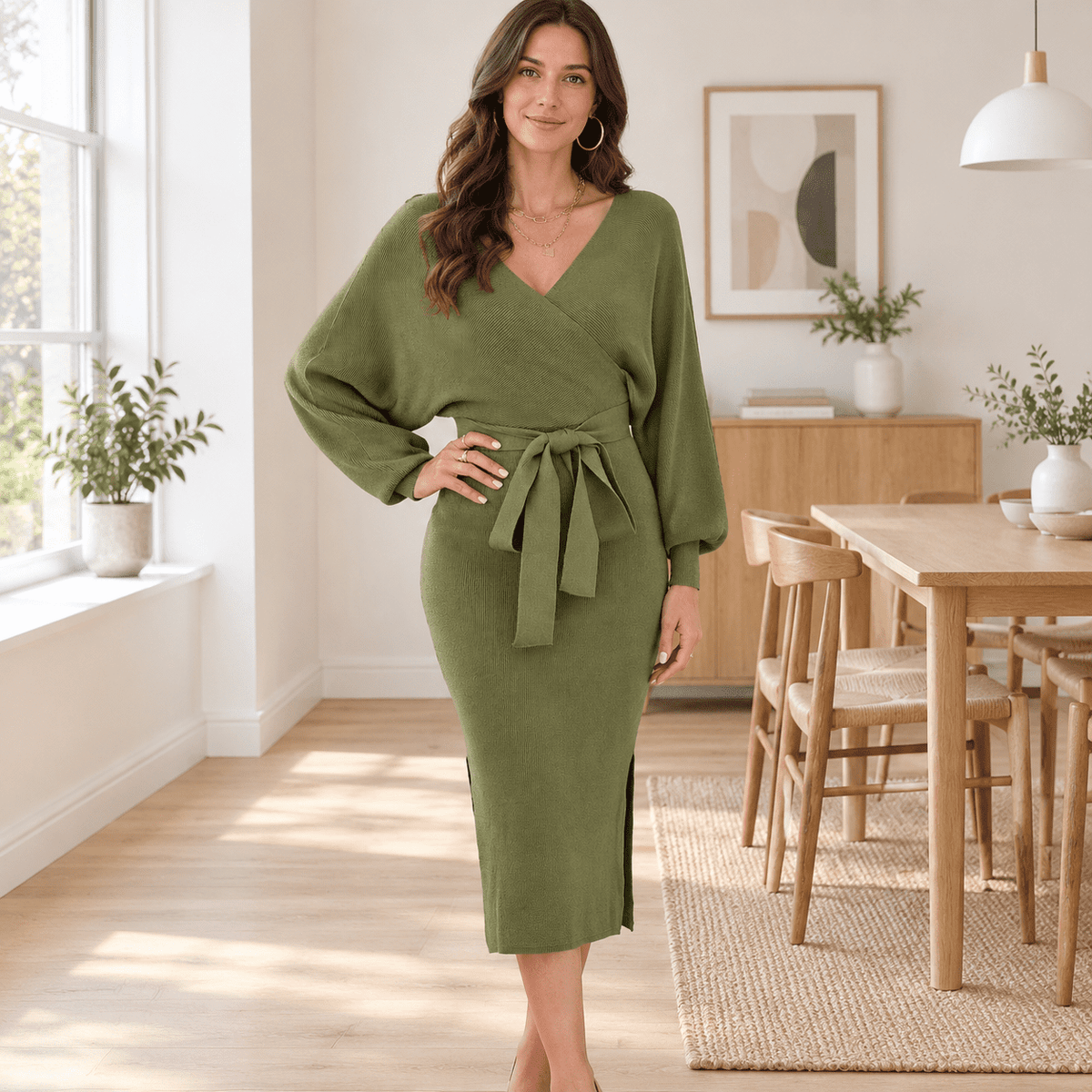 thumbnail image 5 of Womens Maxier Dress Long Sleeve Batwing Wrap V Neck Fall Dresses, 5 of 6