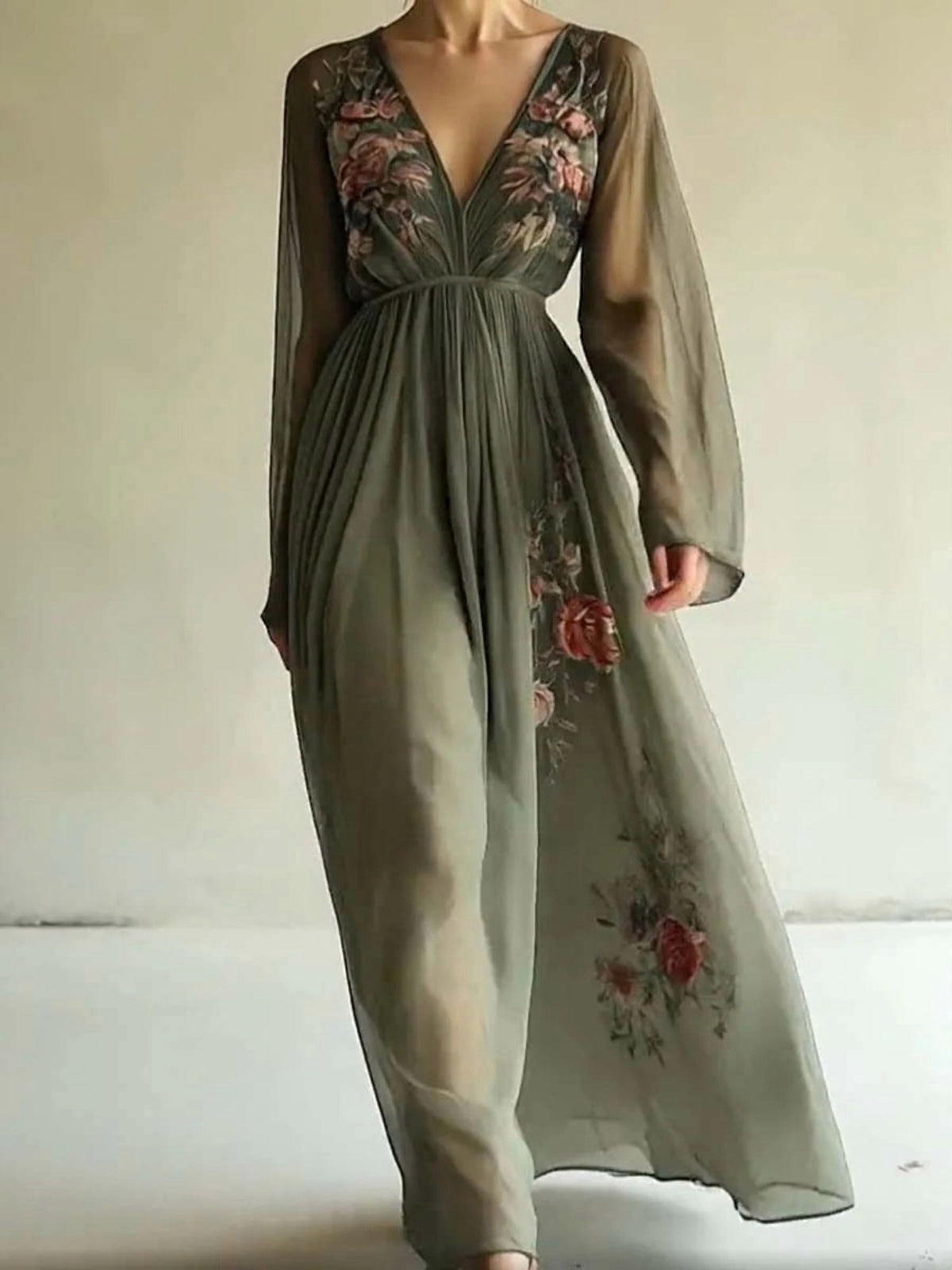 thumbnail image 2 of ZOELNIC Women's V-Neck Boho Maxi Dress Floral Sheer Long Sleeve Flowy Pleated Waist Elegant Dress, XL, 2 of 6